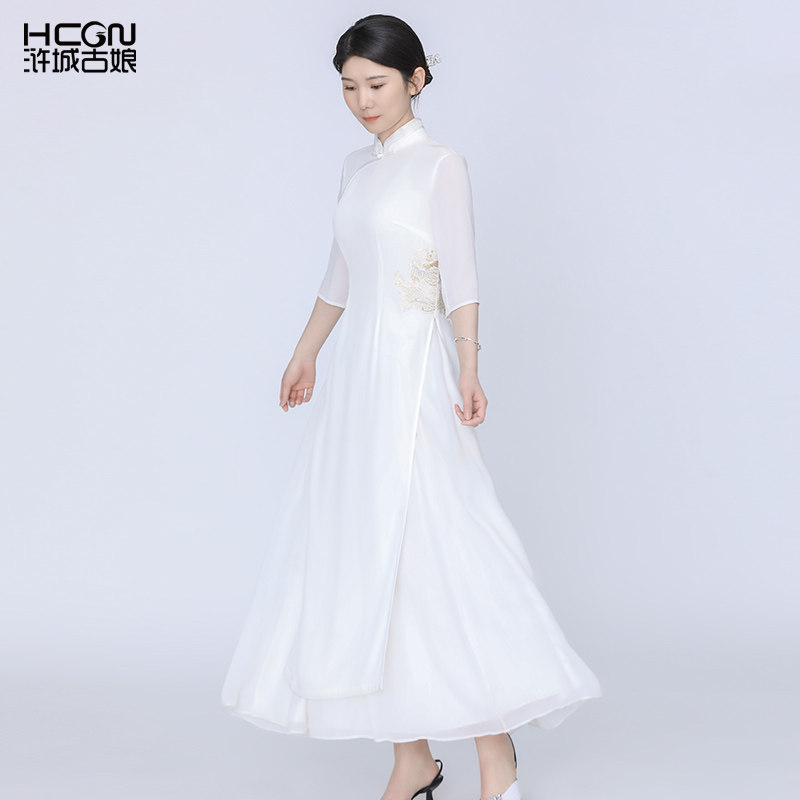 浒城古娘新款醋酸奥黛气质两件套装新中式国风改良旗袍连衣裙女夏,淘宝优惠券,粉丝福利购,淘宝优惠卷