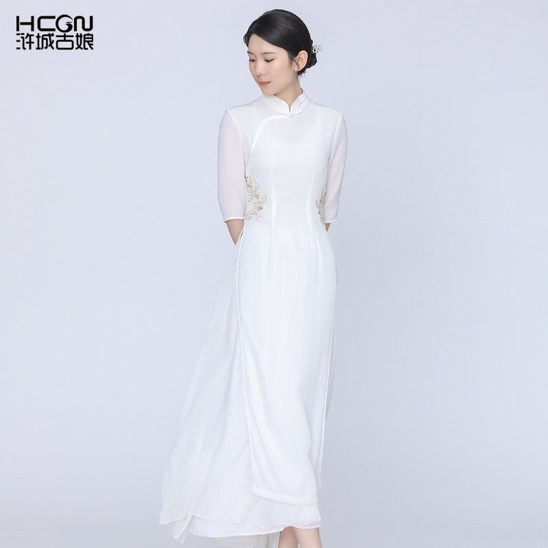 浒城古娘新款醋酸奥黛气质两件套装新中式国风改良旗袍连衣裙女夏,淘宝优惠券,粉丝福利购,淘宝优惠卷