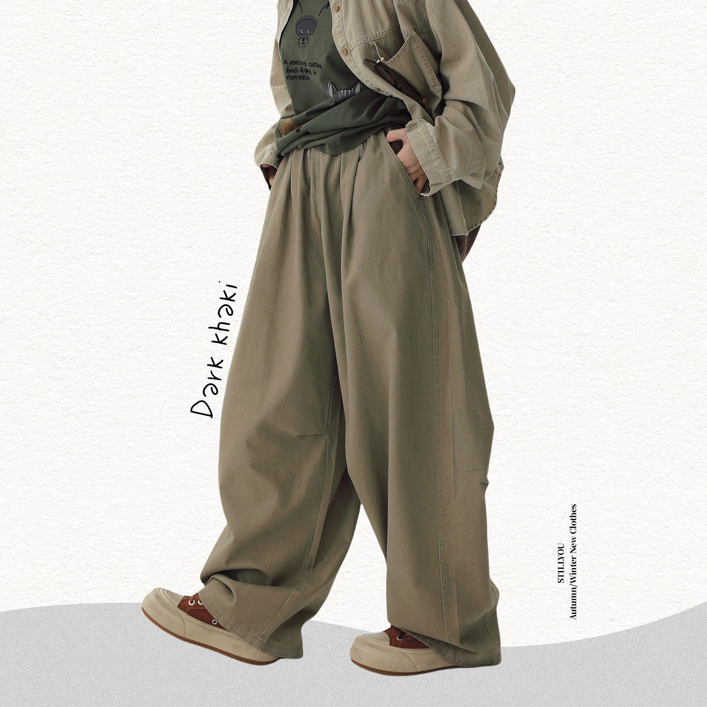 STILLYOU自制复古日系简约刺绣松紧腰肥肥阔腿休闲裤女宽松哈伦裤,淘宝优惠券,粉丝福利购,淘宝优惠卷