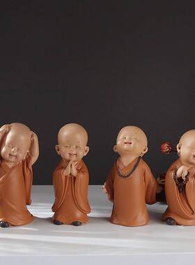 创意迷你智慧小和尚摆件佛系禅意古风书房茶台办公桌装饰日式玩偶