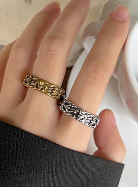 岚芷 十字花指环潮男ins小众设计嘻哈个性欧美饰品925银戒指开口