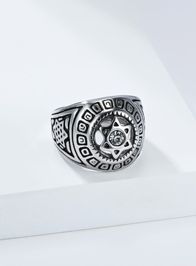 欧美新品饰品复古六芒星钛钢戒指男小众个性大卫之星不锈钢扳指环