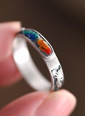 珐琅彩九尾狐狸戒指女款复古做旧工艺民族风国潮时尚百搭开口指环