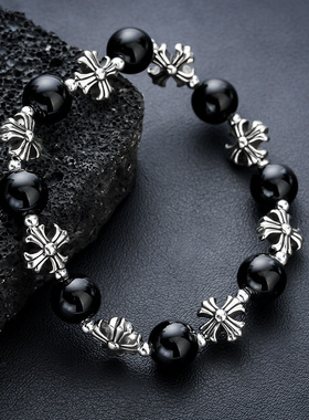 个性复古黑色圆珠拼接十字架串珠手链男女小众设计简约百搭手饰