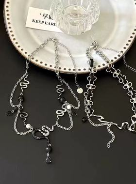 暗黑朋克滴油蛇黑色串珠拼接流苏水滴项链潮辣妹小众设计毛衣链