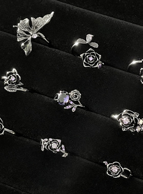 复古时尚潮酷暗黑玫瑰花朵开口戒指女气质嘻哈蹦迪个性食指戒配饰