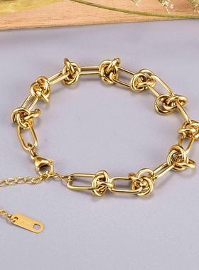 国潮简约暗黑系嘻哈小众ins潮男钛钢新款情侣绳结层次链条手链