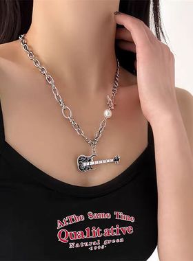 火焰吉他吊坠项链甜酷嘻哈卫衣链欧美古巴ins潮小众高级感毛衣链