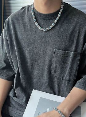 美式潮牌蓝宝石镶嵌钛钢项链男小众设计嘻哈粗链条锁骨链情侣配饰