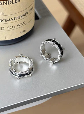 暗黑风朋克十字架戒指女ins复古做旧轻奢设计克罗风滴胶开口尾戒