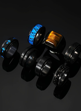 temu爆款不锈钢铸造天然石戒指七件套可转动黑油戒指男士饰品套装