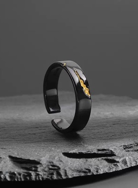 新款鎏金款男生戒指高级感黑金色小众设计潮牌男食指戒开口可调节