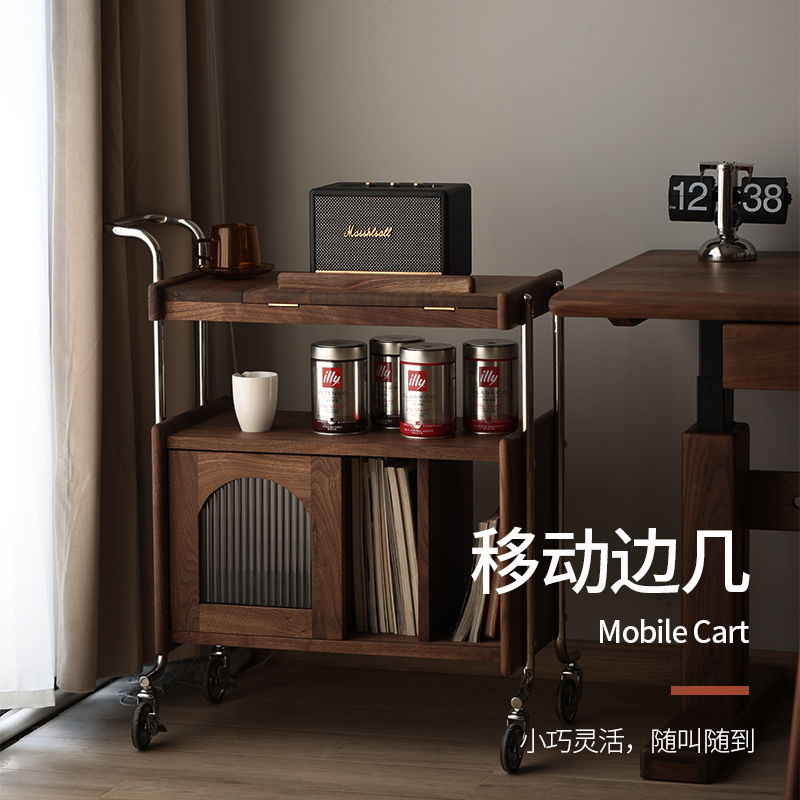 北美黑胡桃木实木边几可移动茶几客厅沙发边柜收纳储物茶水柜茶车 - 图2