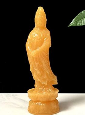 天然米黄玉观音佛像招财摆件