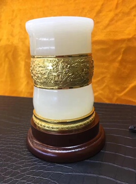 阿富汗玉龙凤鎏金笔筒摆件