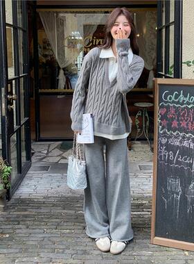 潮牌松弛感穿搭灰色毛衣套装女士