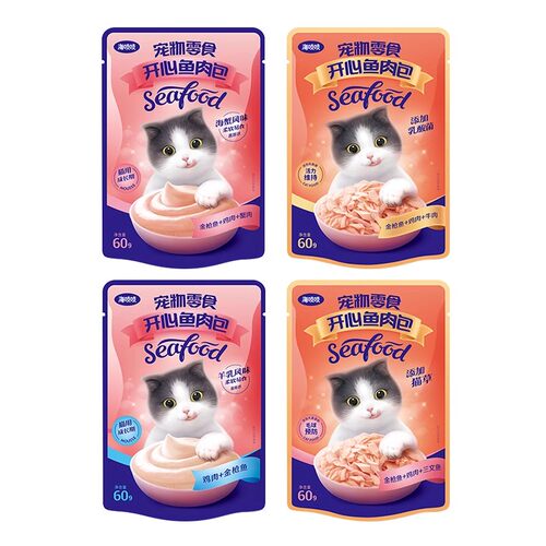 达里猫开心鱼肉包海吱吱猫零食湿粮包软包罐头60g*12包/盒猫罐头 - 图1