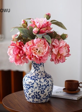中式复古蓝色青花瓷花瓶高级感陶瓷餐桌插花客厅摆件家居软装饰品