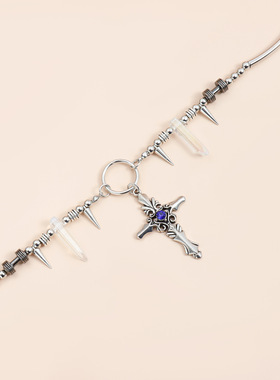 Norns欧美哥特式暗黑风水晶柱朋克风镶钻十字架项链锥形拼接项饰