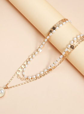 Norns欧美尚海贝珍珠几何形金属圆片项链百搭三层毛衣链necklace