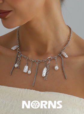Norns欧美冷淡重工金属链条异型仿珍珠项链 简约百搭流苏necklace