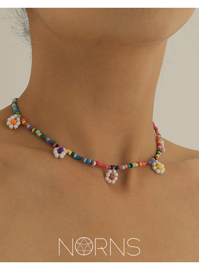 欧美糖果色花朵吊坠海边编织项链