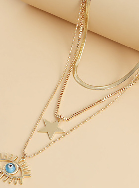 Norns民族土耳其蓝眼睛恶魔之眼多层叠戴扁蛇骨链五角星吊坠项链