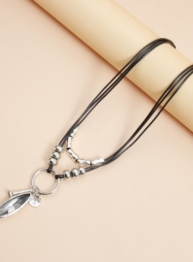 Norns欧美复古部落风几何菱形黑钻项链工业感朋克风皮绳项饰