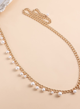 Norns欧美沙滩简约风高亮仿珍珠流苏吊饰腰饰身体链时尚金属腰链