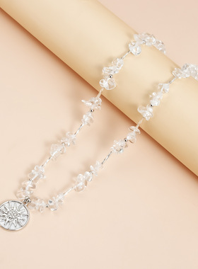 Norns欧美简约不规则异形白水晶人造石创意几何圆形芒星钱币项链