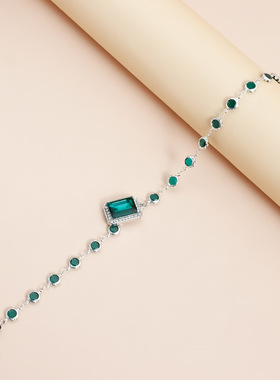 Norns摩洛哥非洲贵祖母绿方形吊牌项链复古黑珠双层叠戴Y字链