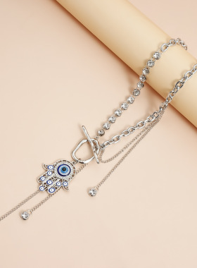 Norns中东新疆法蒂玛之手蓝色土耳其眼珠镂空手掌流苏OT扣项链