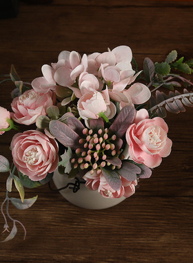 批发北欧ins绣球花陶瓷盆栽 家居客厅办公桌面装饰绢花仿真花摆件