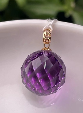 天然巴西紫水晶刻面球吊坠 18k金镶嵌扣头 尺寸13mm