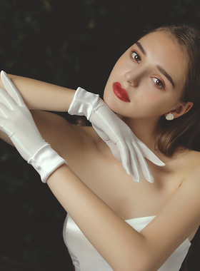 蕾丝蝴蝶结白色婚礼服全指手套