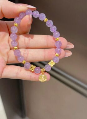 足金点钻小花吊坠+足金猫眼金珠！整套足金！天然紫水晶手串7mm