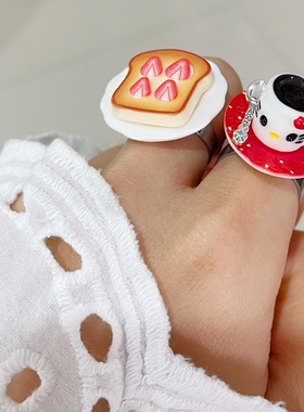 仿真食玩戒指黄油荷包蛋草莓吐司咖啡卡布奇诺toast coffee ring