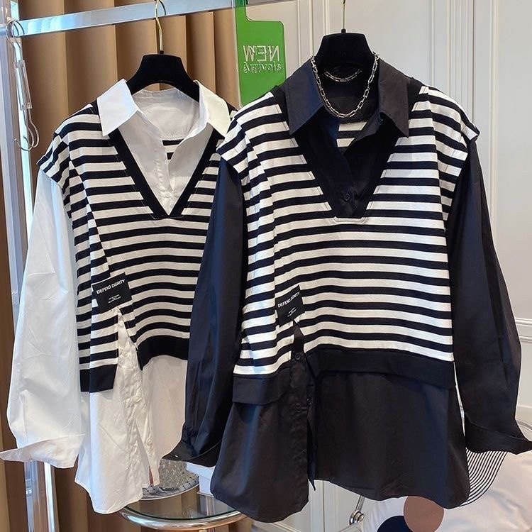 Hong kong style striped fake two-piece sweatshirt women's jacket spring and autumn new korean version versatile loose niche design top trendy