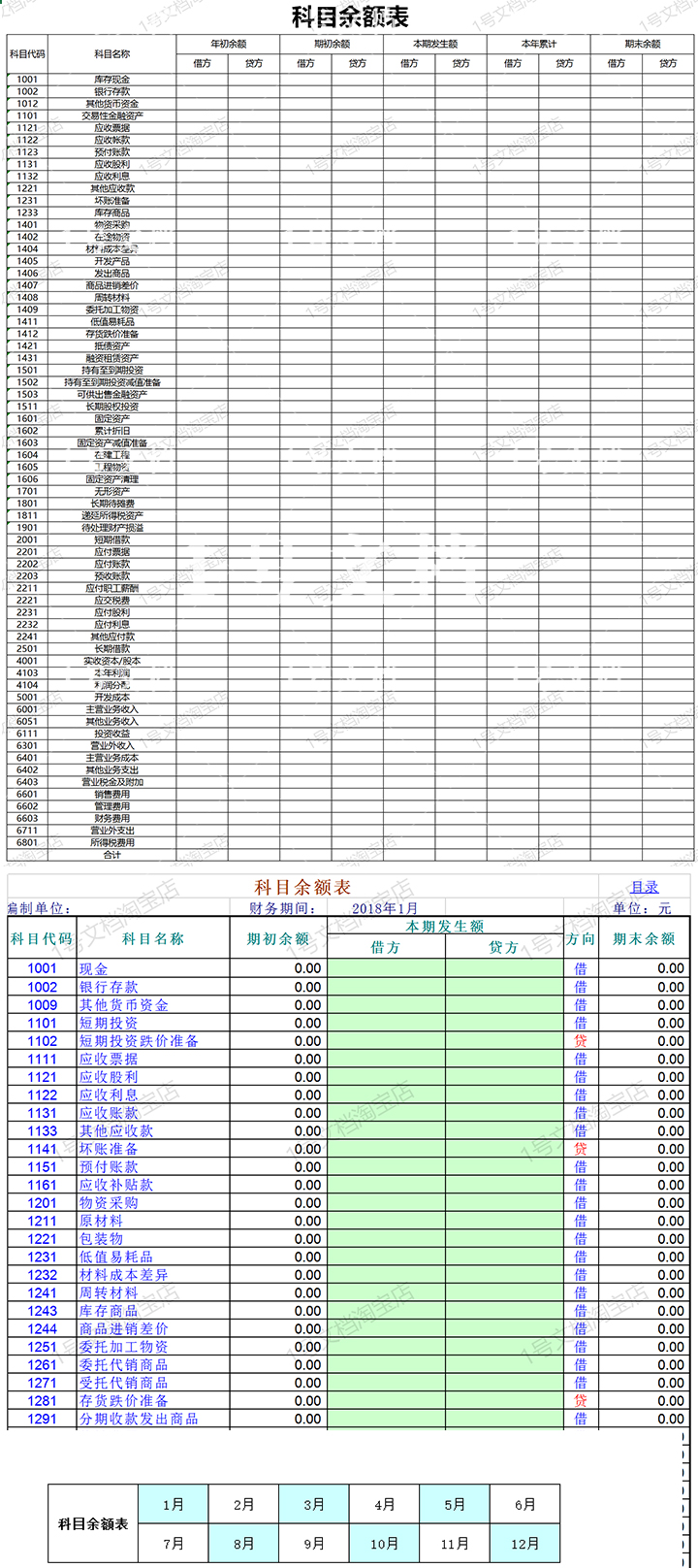 科目余额表汇总表 含全年科目丁字账 财务出纳excel科目模板