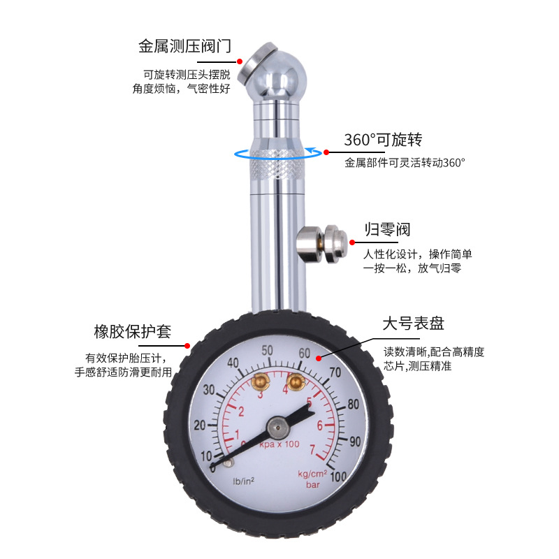 车用高精度金属胎压计机械气压计汽车轮胎气压表可放气胎压监测器-图2