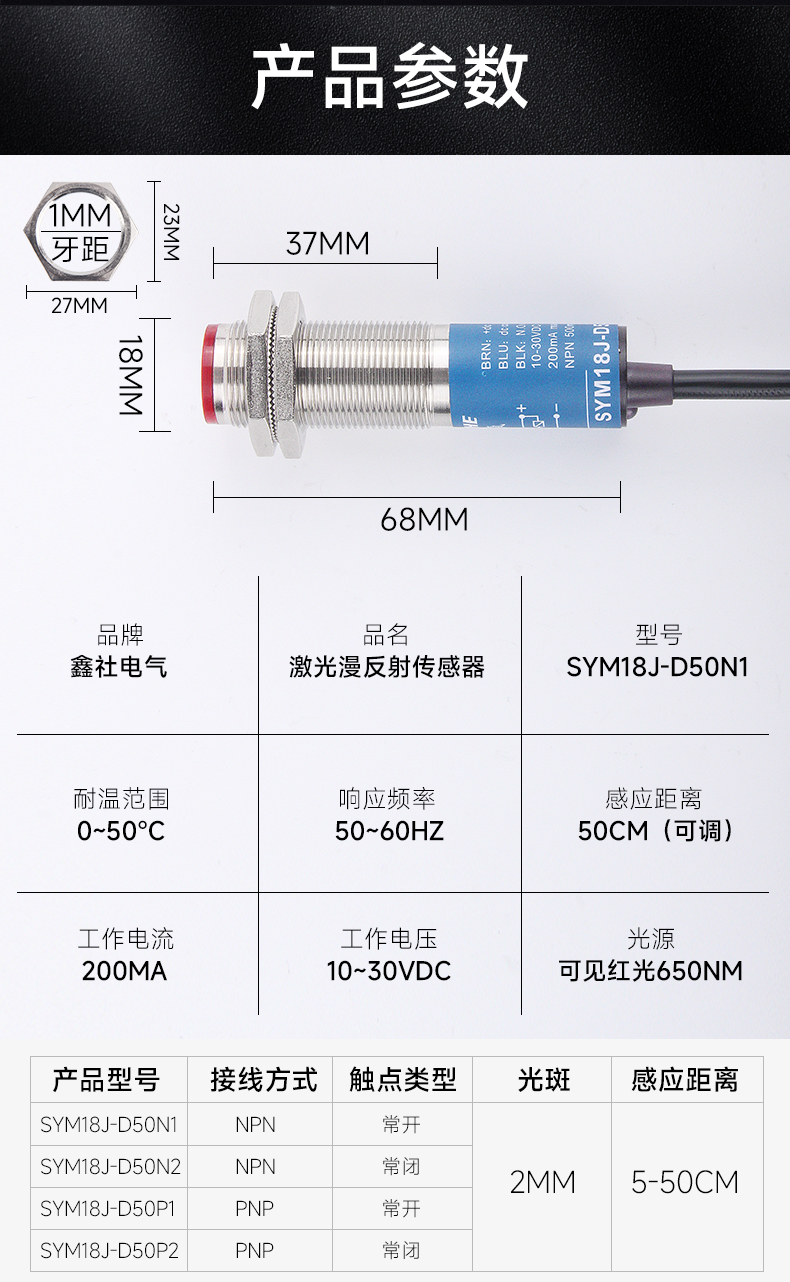 M12M18激光漫反射XS12J-D15N1光电传感器红外感应开关SYM18J-D50N-图0