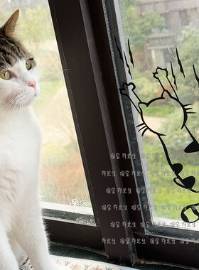 可爱的攀爬小猫卡通贴纸 店铺玻璃门装饰防撞贴 家居柜门窗户贴画