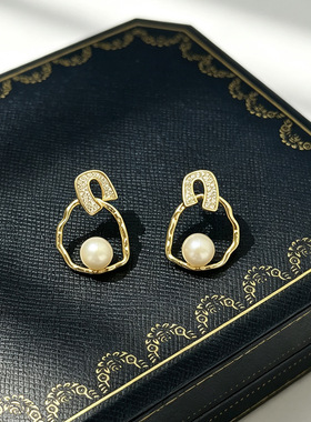 金色镶石珍珠耳环925银针百搭女
