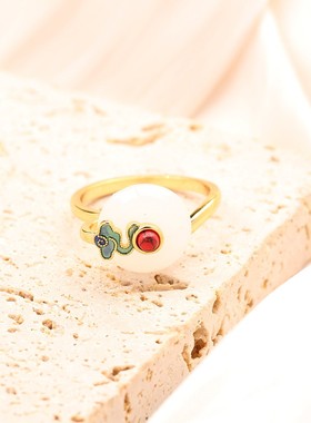 新品天然珍珠镀金玉石雕花戒指女