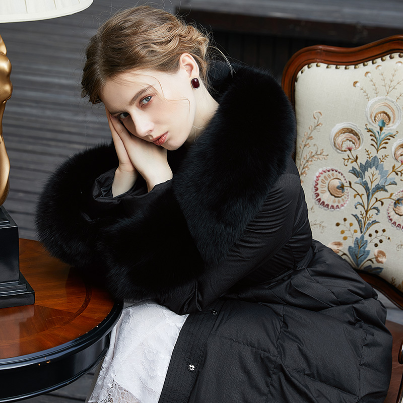 羽绒服女大毛领长款过膝白鸭绒修身收腰加厚保暖狐狸毛白色羽绒服 - 图0