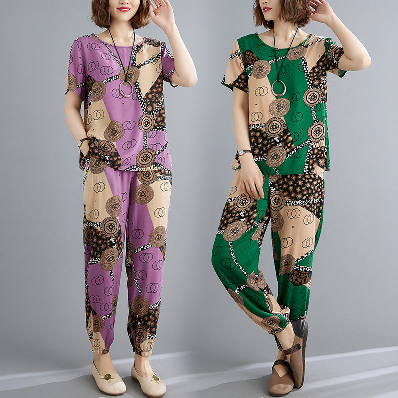 民族风棉绸套装女时尚外穿夏印花长裤两件套妈妈年轻款睡衣家居服