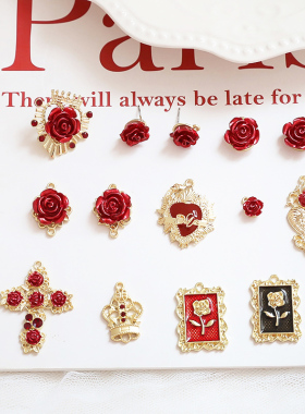 diy红色喜庆玫瑰金亚十字架花朵