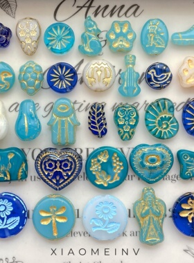 复古捷克琉璃描金海洋色圆牌珠