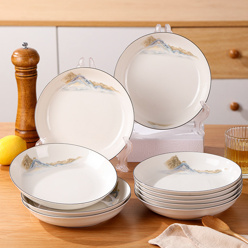 山海瑶7英寸圆盘10个装陶瓷釉下彩凉菜盘碟深盘家用盘果盘新骨瓷,淘宝优惠券,粉丝福利购,淘宝优惠卷