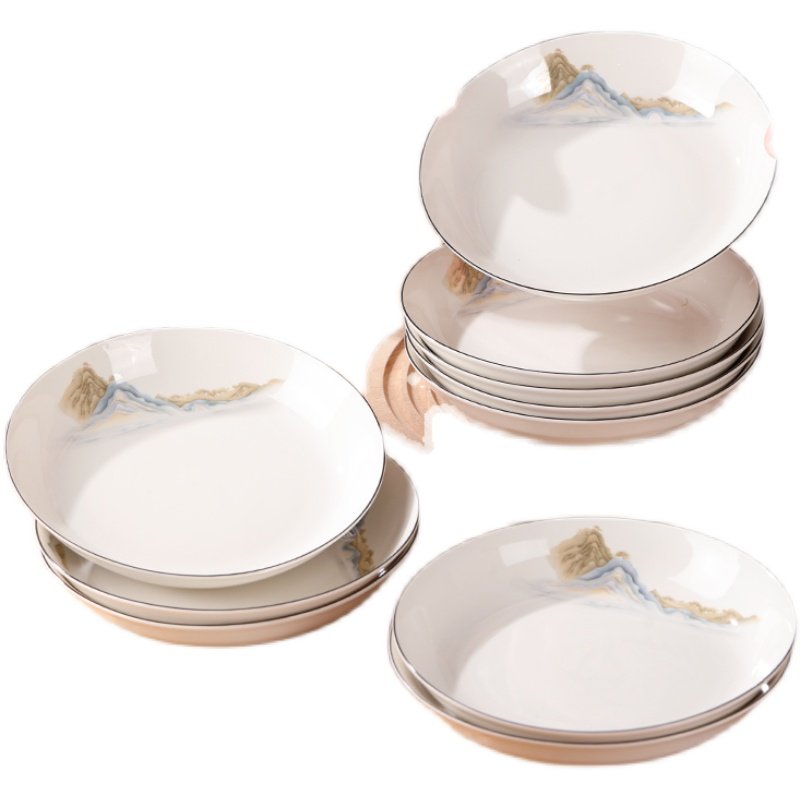 山海瑶7英寸圆盘10个装陶瓷釉下彩凉菜盘碟深盘家用盘果盘新骨瓷,淘宝优惠券,粉丝福利购,淘宝优惠卷